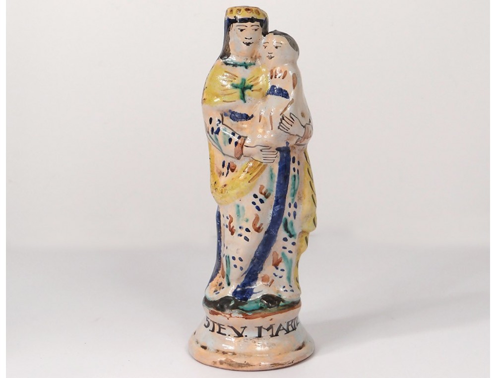 Statuette Faience Sainte Vierge Marie Enfant Jesus Signee Xixeme Siecle