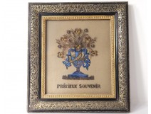 Hair work black wood frame gilded Souvenir flowers Napoleon III XIX