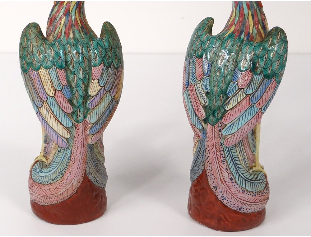 Paire De Figurines Vintage Oiseaux En Cloisonné Translucide - Décor Asian