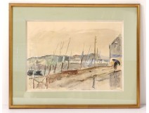 Watercolor René Levrel marine port quays boats watercolor 20th century