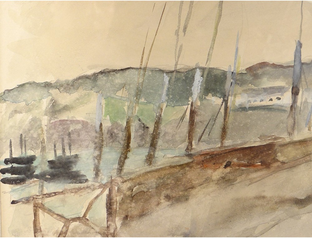 Watercolor René Levrel marine port quays boats watercolor 20th century